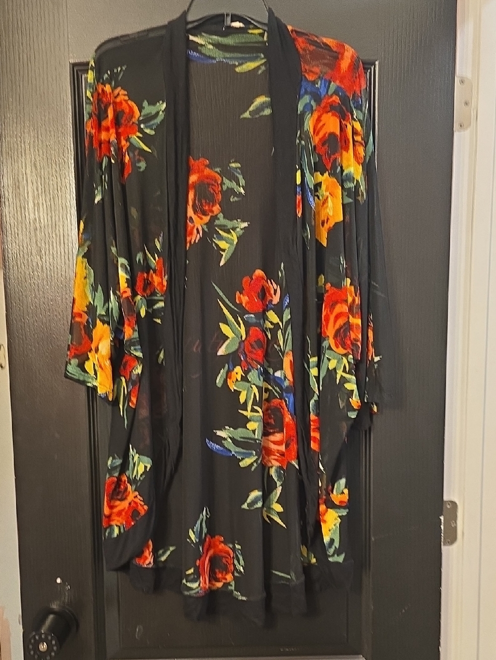 Black Floral Kimono Cardigan with Red & Yellow Roses